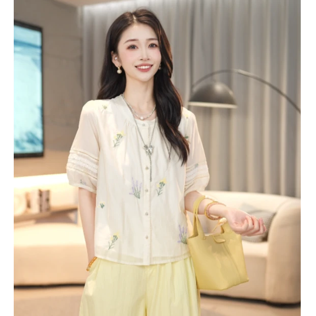 马克华菲女装法式泡泡袖刺绣碎花莱赛尔天丝显瘦上衣F52003A511CC