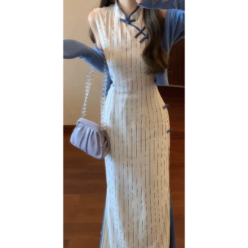 新中式国风条纹改良版旗袍连衣裙气质长裙&防晒空调开衫9246