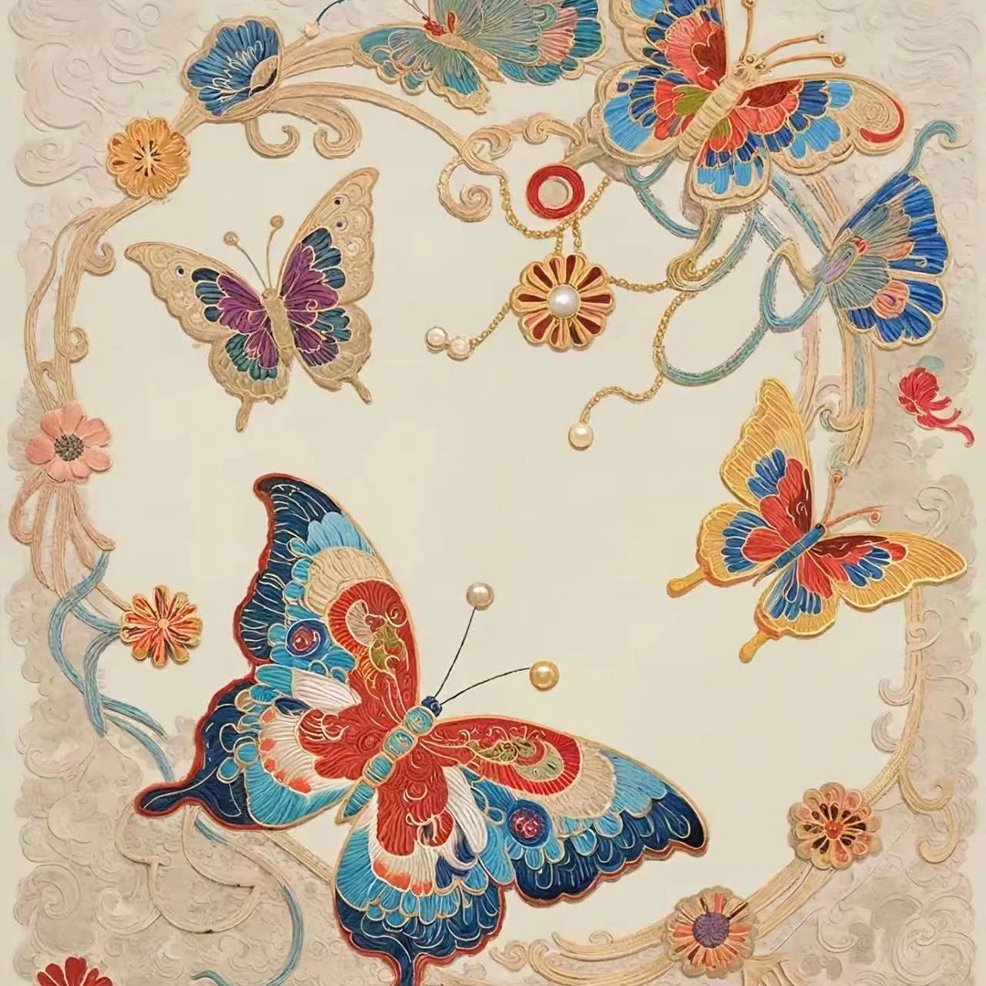 古风彩色蝴蝶辅料网纱底布精美绣花贴片手工刺绣diy材料包t恤