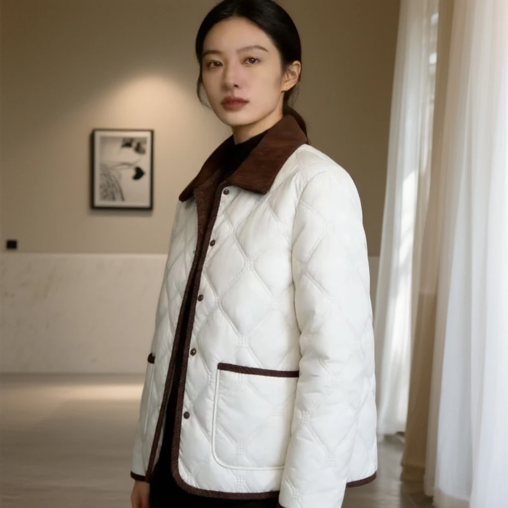 2025新款加绒加厚棉服短款时尚气质秋冬季保暖菱格洋气女士