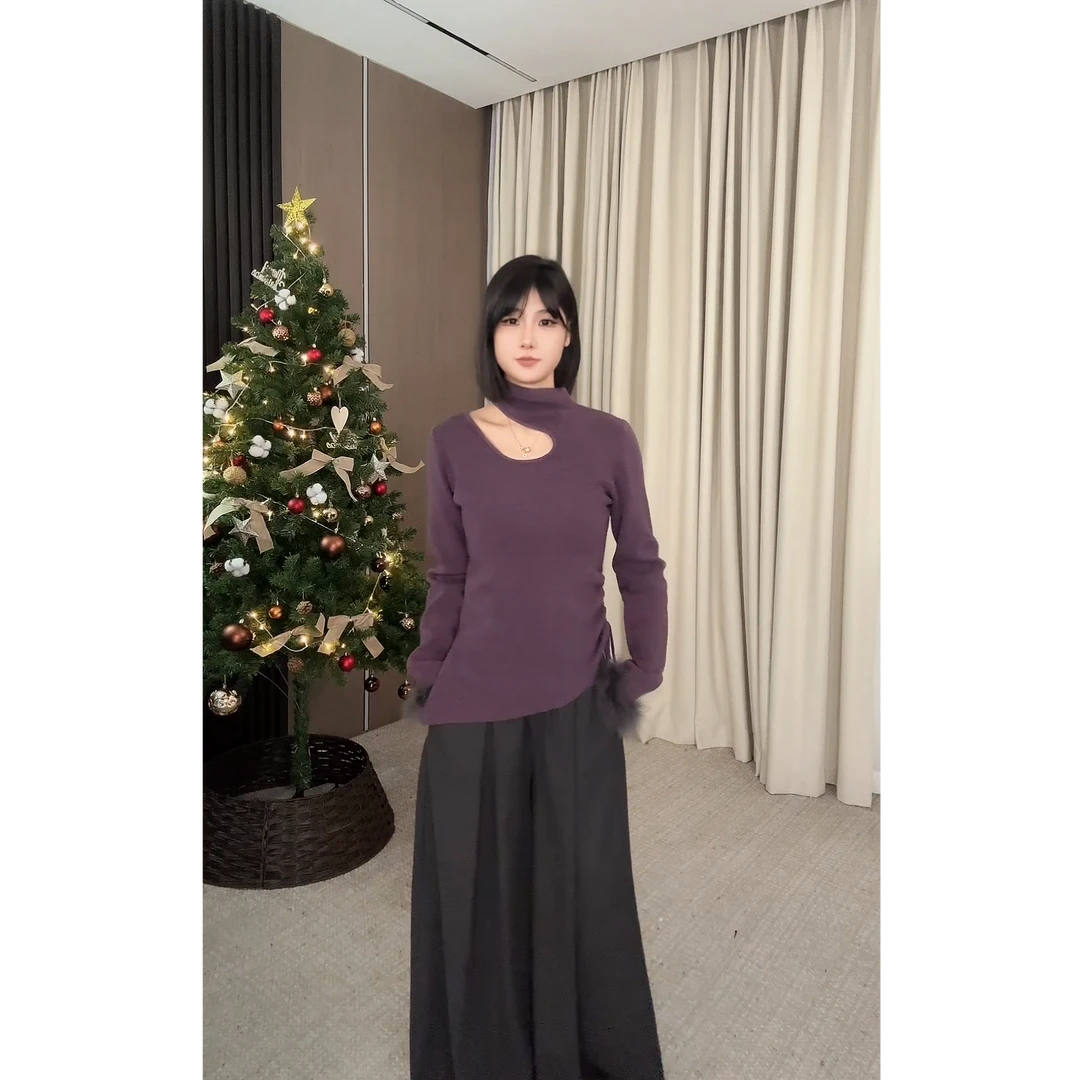 【ZZ严选】2780镂空立领套头针织衫女修身毛毛袖小众法式外穿毛衣