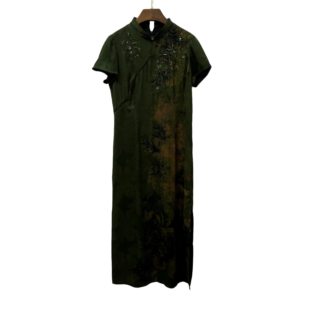 长裙旗袍裙短袖黄色旗袍印花设计师国风优雅黑色绿色SXL286020