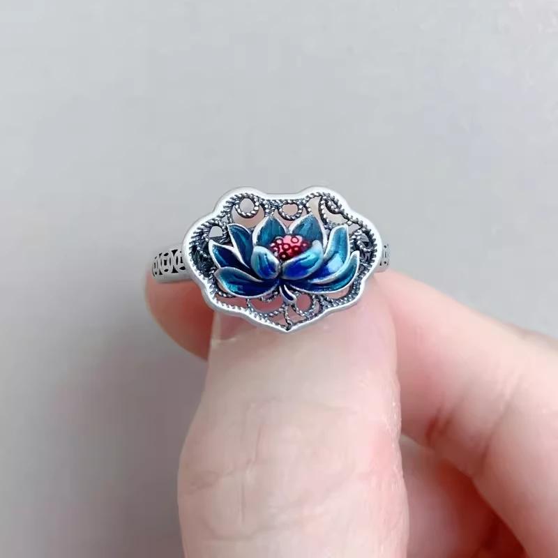925银戒指 招财转运S925纯银珐琅烧蓝彩色如意锁莲花戒指复古做旧