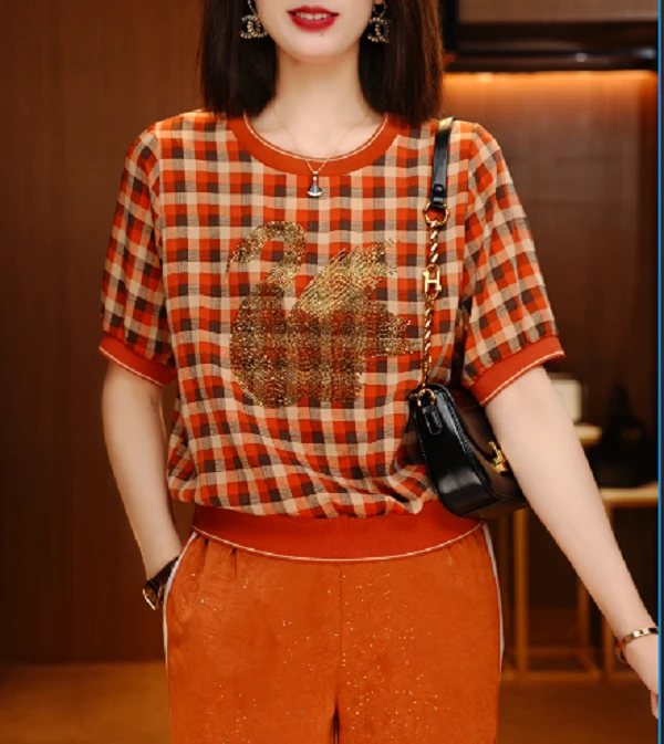 赭韵格纹-新款2025时尚舒适百搭减龄优雅轻奢气质网红运动套装