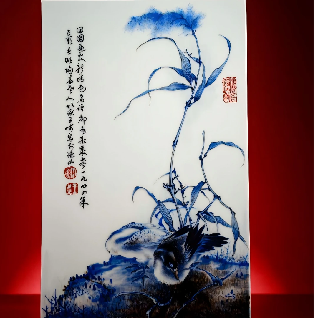 【三和铭窑】双栖斗彩瓷板