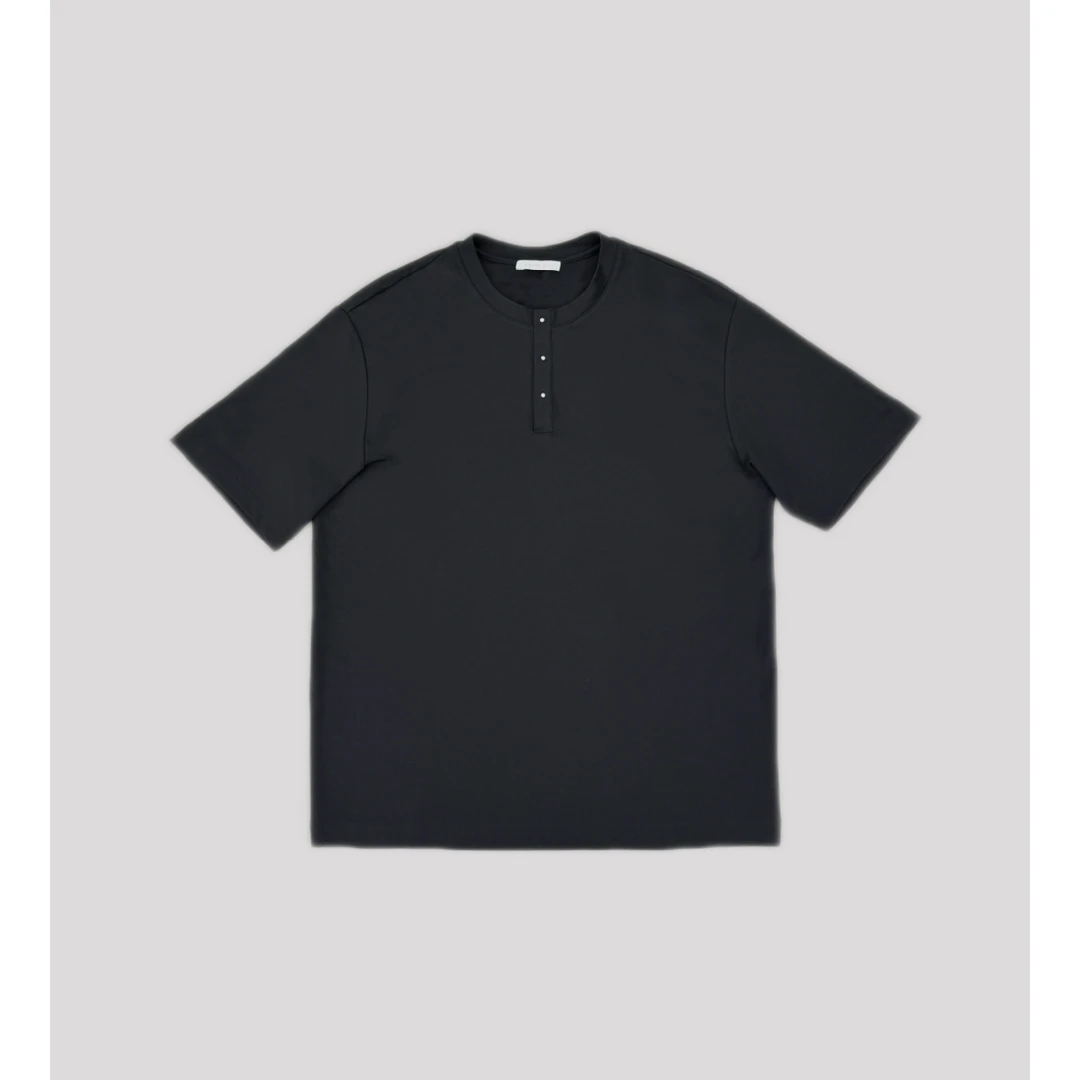 XUMA 2025夏季220g莱赛尔羊毛混纺针织垂感宽松亨利领设计短袖T恤