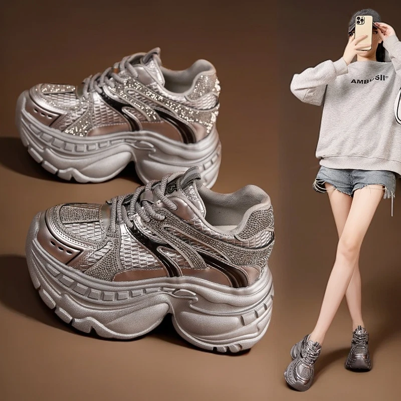 厚底老爹鞋女2025秋冬小个子内增高女鞋新款水钻百搭休闲运动鞋子