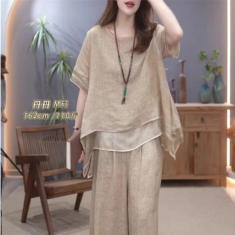 民族风时尚套装2025年新款文艺复古夏季大码复古时尚阔腿裤洋气