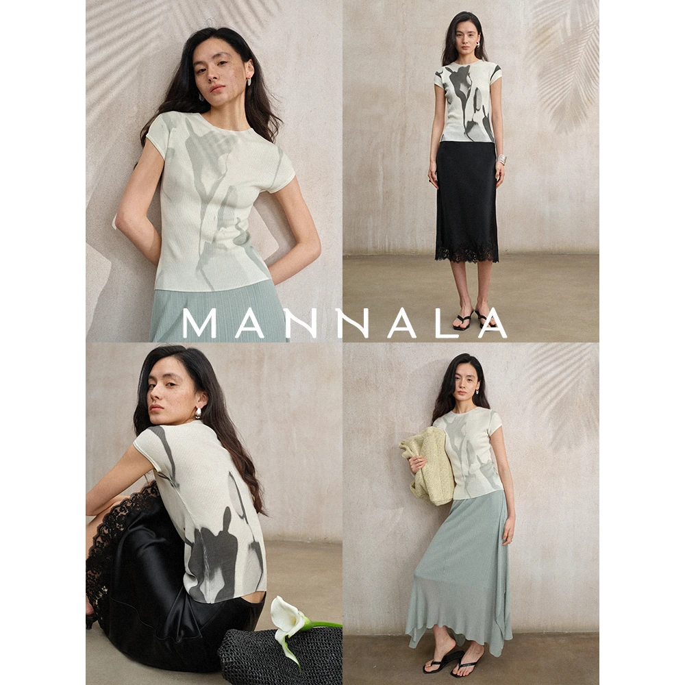 MANNALA丨“墨香染”高定手绘水墨郁金香修身弹力天丝针织衫Q4113