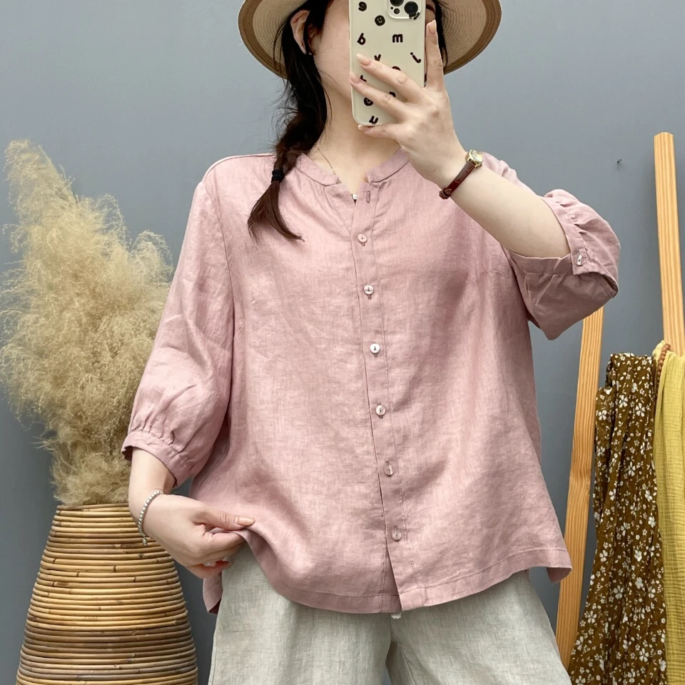 亚麻衬衫女夏季新款韩版宽松纯色显瘦七分袖防晒衫衬衣上衣