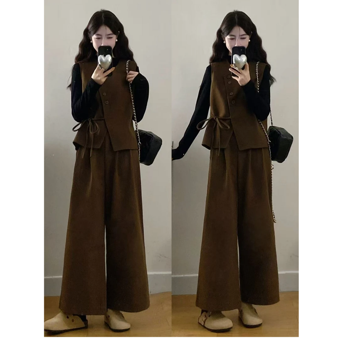 大码女装胖mm新款时尚显瘦毛呢马甲+T恤+阔腿裤三件套