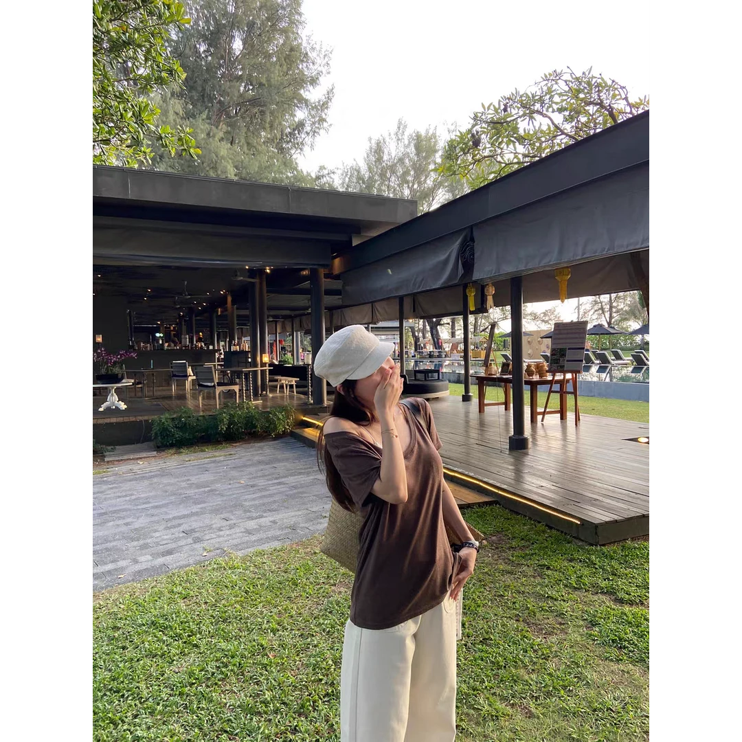 2102正肩大U领后中缝T恤夏季短款垂感轻薄宽松休闲百搭上衣女