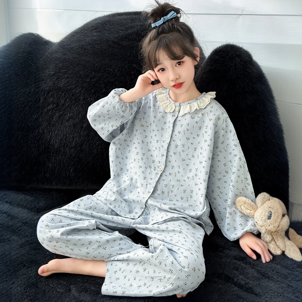 儿童春秋季蕾丝圆领碎花睡衣女大童公主风套装女孩棉布家居服套装