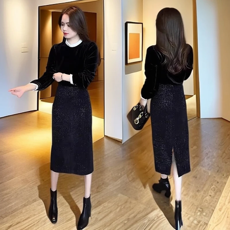 时尚洋气套装女2025年春秋季新款丝绒衬衫+亮闪半身裙显瘦两件套
