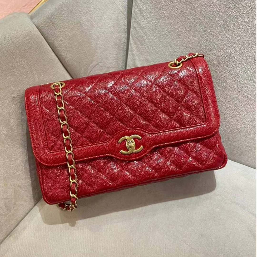 95新 Chanel/香奈儿 蓝总/红金荔枝牛中号CF 单肩包