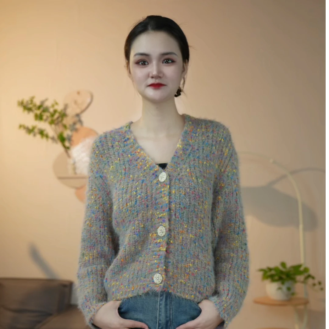 长袖慵懒风扎染薄款毛针织衫圆领秋季时尚糖果系毛衣