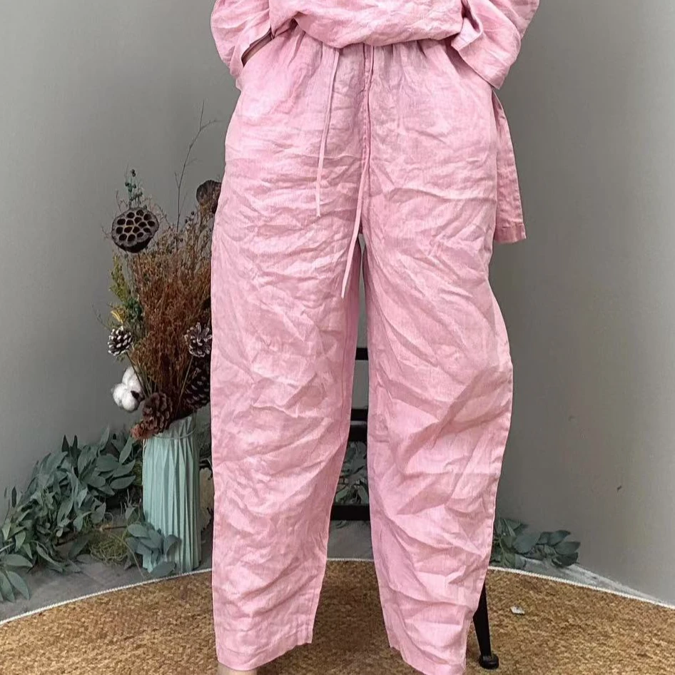 【春季】纯色亚麻休闲时尚透气抽绳松紧腰宽松老爹裤【80-160】斤