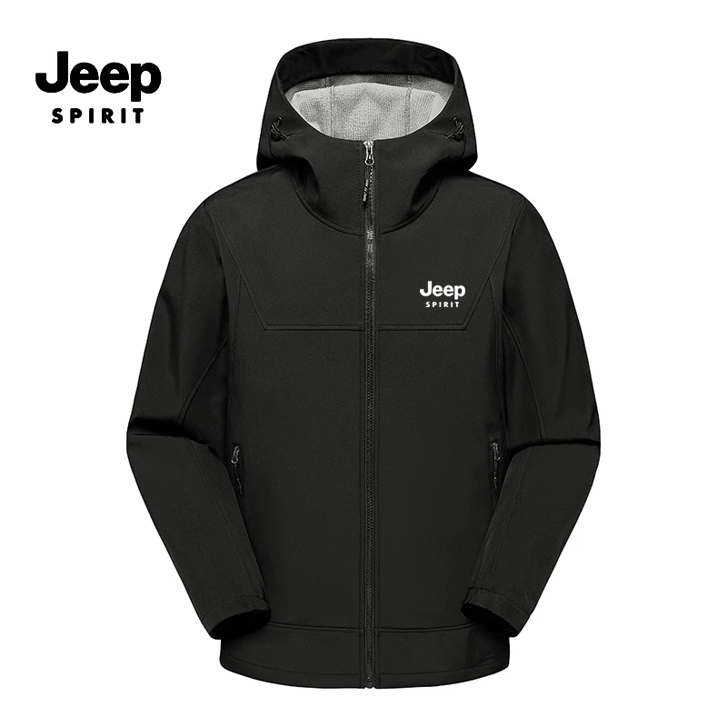 吉普春秋户外冲锋外套休闲加绒保暖软壳衣连帽防风时尚舒适夹克