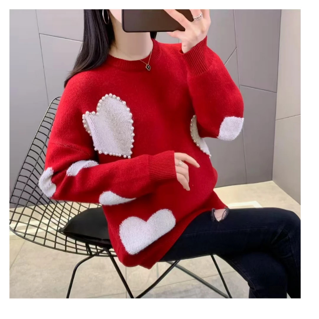 拼接长袖套头螺纹毛衣女装冬季宽松红色百搭加厚针织洋气上衣