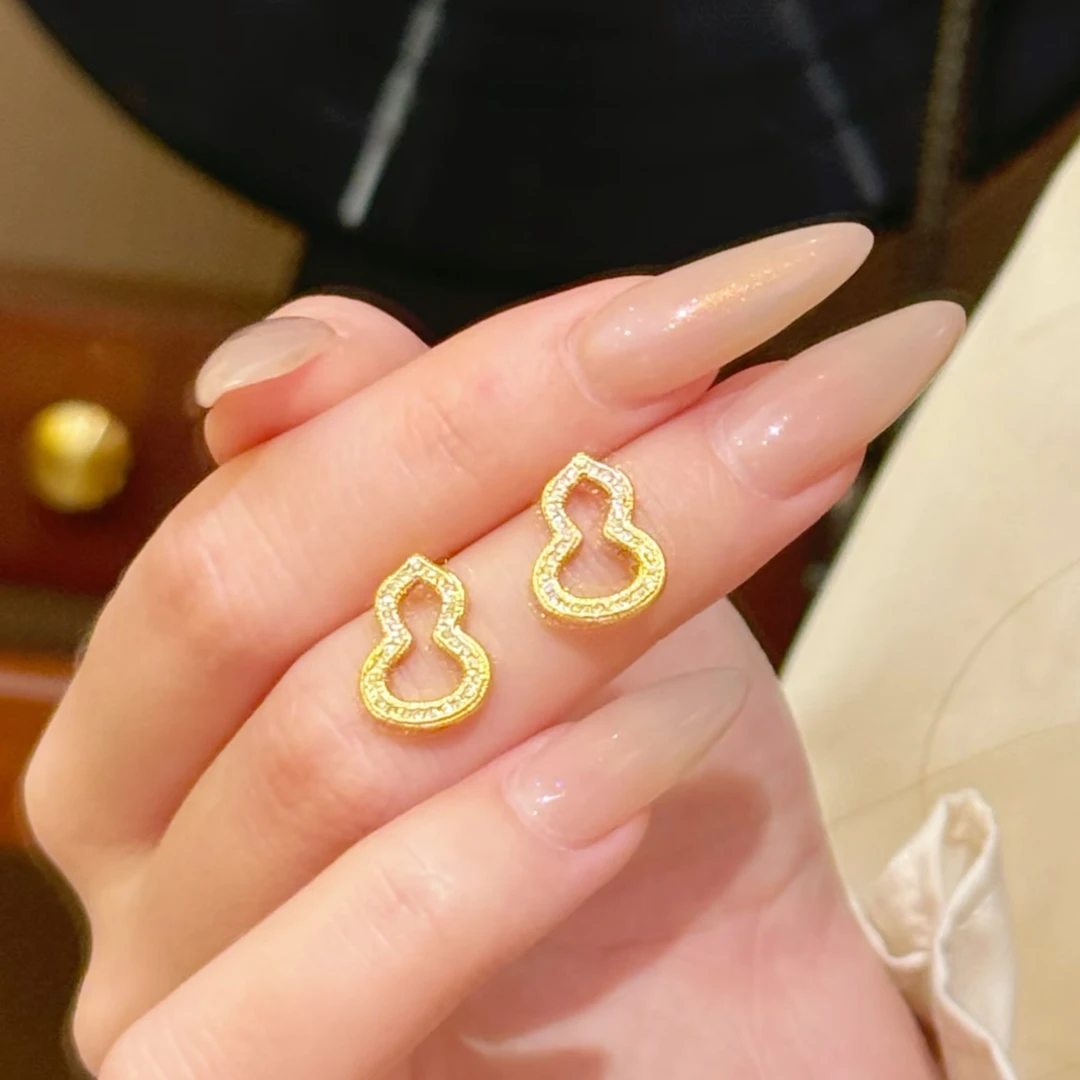 铜合金合成锆石耳饰 新中式国潮爆闪福禄葫芦耳钉女款精致不掉色