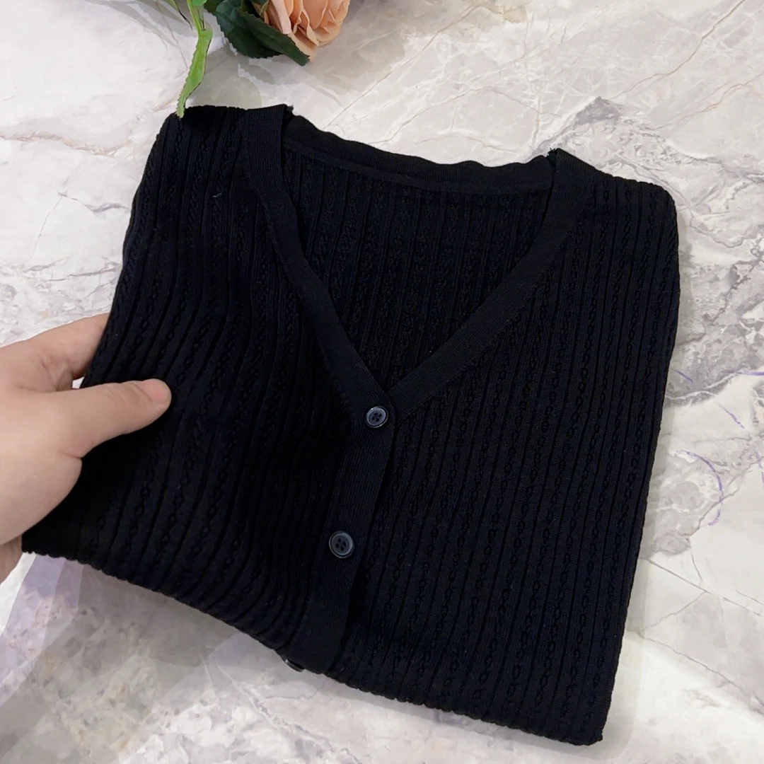 LB有运费补贴~夏季黑色V领莱赛尔天丝镂空设计感宽松针织上衣