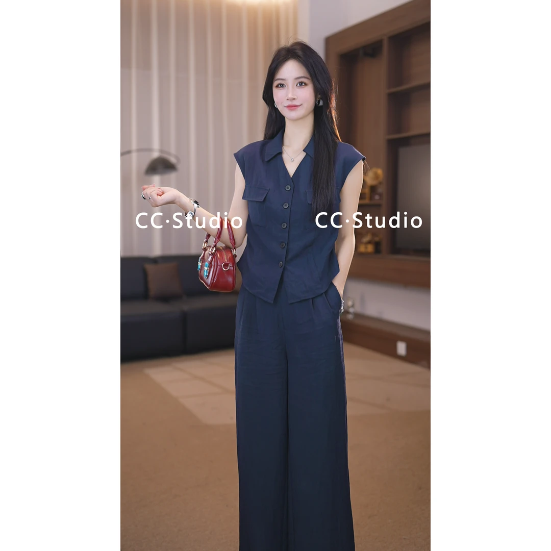 2025C夏季松弛气质极简慵懒小飞袖马甲+直筒裤两件套BN25364