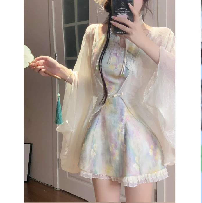 浮光锦年 夏季新中式显瘦设计感短款旗袍盘扣刺绣挂脖连衣裙国风