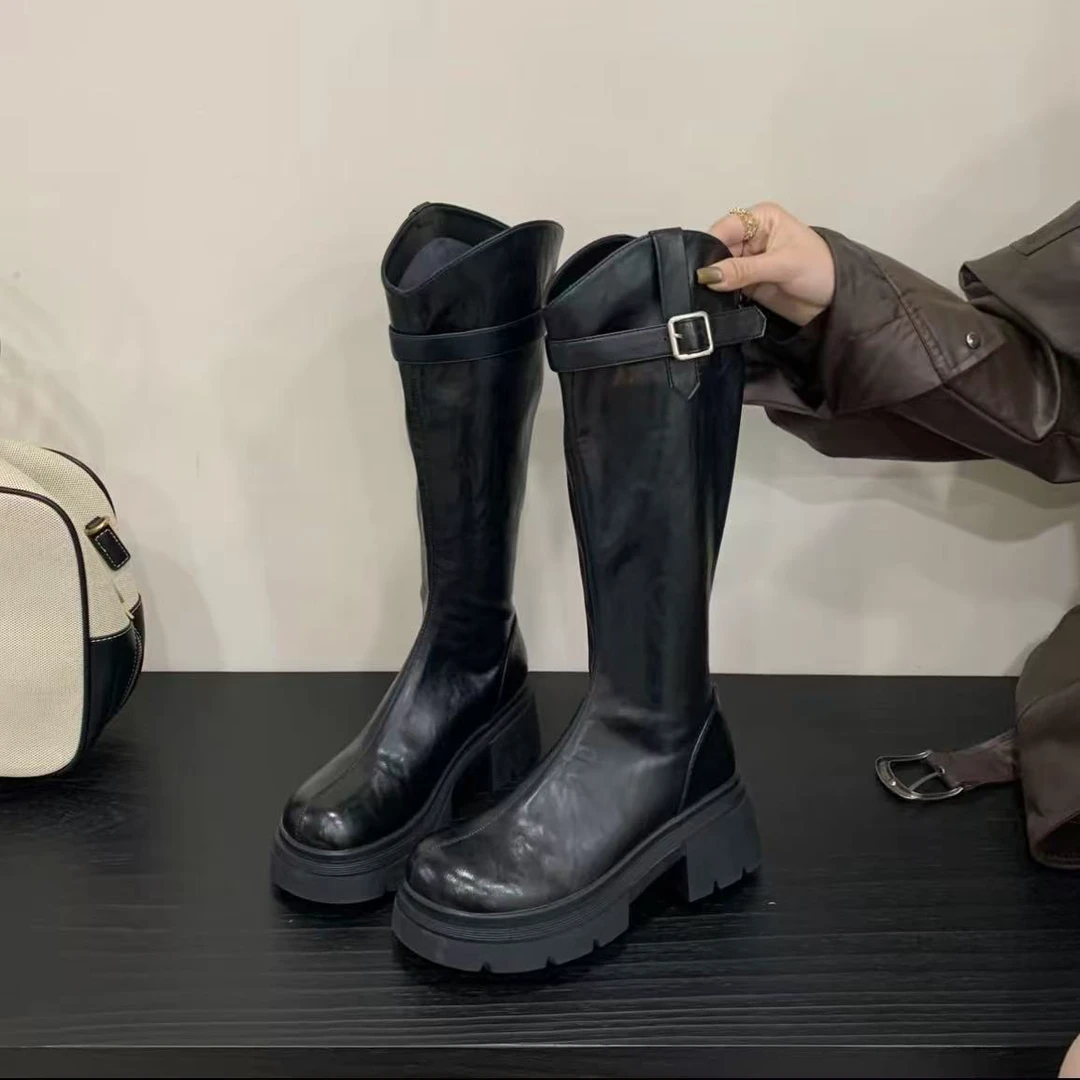 皮制厚底长筒靴女2025新款秋冬不过膝高筒骑士靴小个子增高长靴子