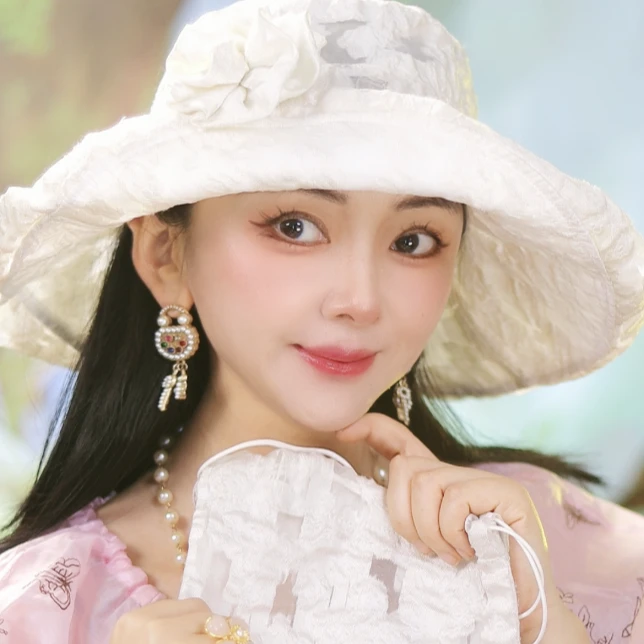 新帽馆夏天时尚百搭薄款透气黑色蕾丝优雅花纱玫香盆帽