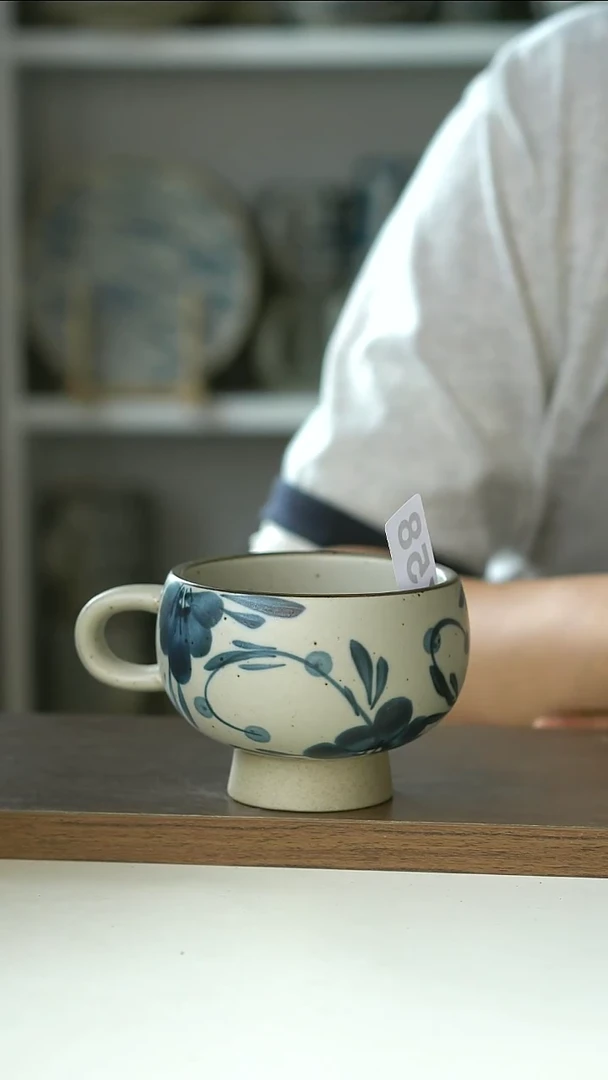 陶瓷758微瑕青花七里香高足把手蛋杯210ml@4-2@