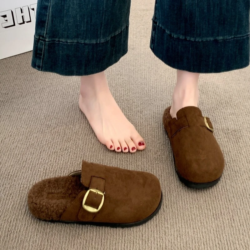 复古厚底勃肯鞋女2025新款秋冬加绒保暖棉鞋一脚蹬懒人外穿毛毛鞋