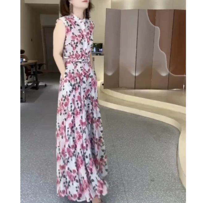 2025夏季新款网红同款洋气减龄气质休闲无袖印花连衣裙AO09