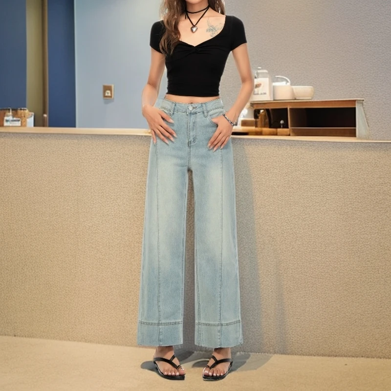 莱赛尔天丝软牛仔女2025高腰显瘦显高夏季薄款阔腿九分牛仔法棍裤