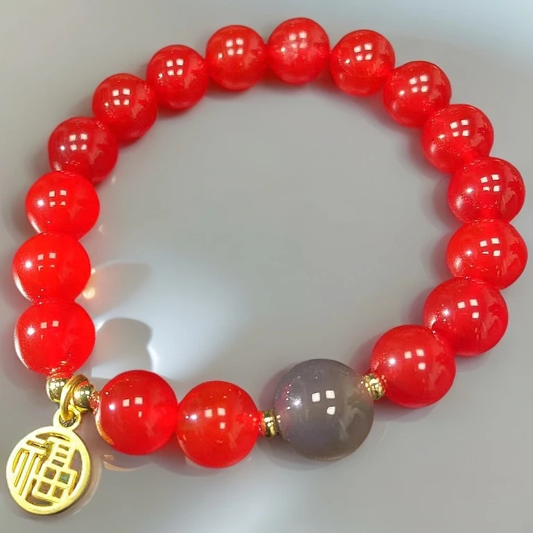 国风红景天玛瑙手链10mm18颗招财纳福转运珠黑冰烟灰精美玉手串女