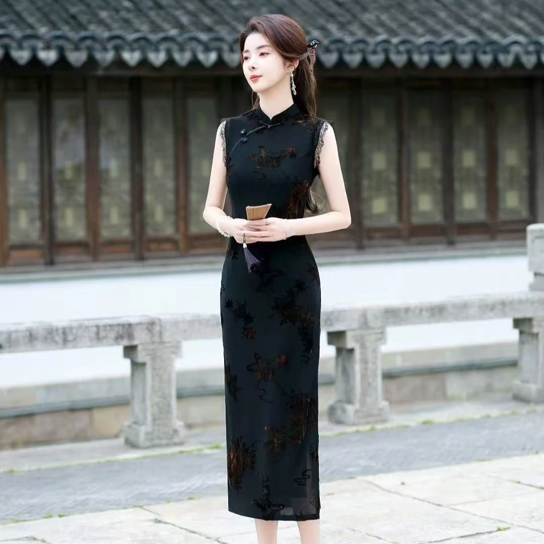 【夜阑】秋款衣长118新中式文艺复古钻石绒旗袍立领显瘦修身