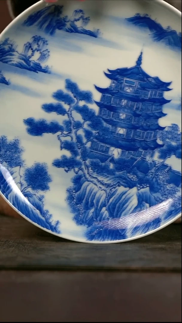 手绘高温现代瓷 气窑   亭台楼阁山水壶承17.5cm