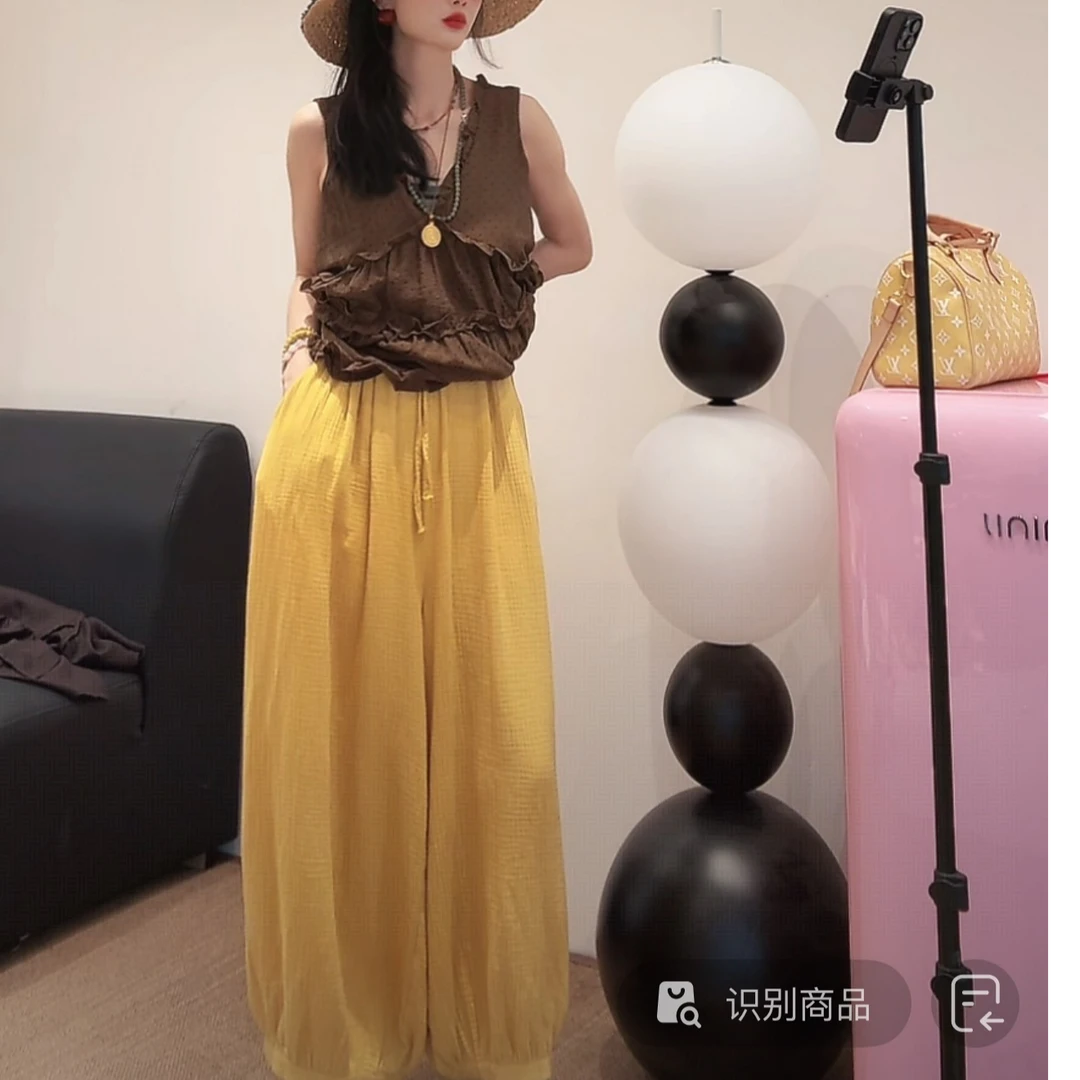 李豆儿 小众定制 棉纱豹纹透气休闲宽松九分阔腿裤子