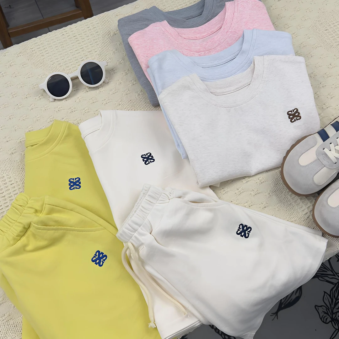 【马卡龙短袖短裤套装】夏季男女童运动整套洋气百搭纯色刺绣套装