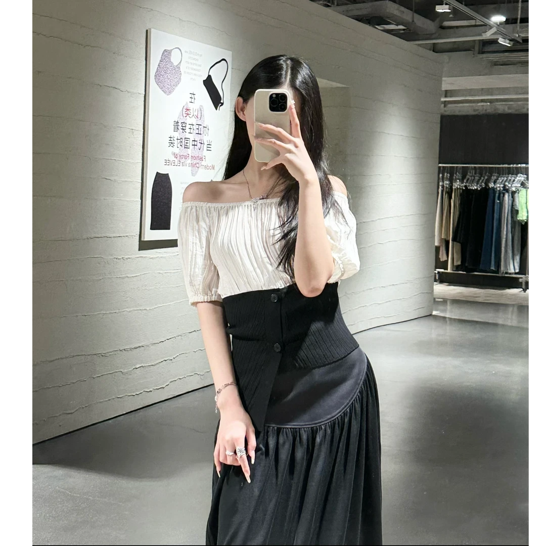 以类设计师品牌THE LAWM夏季拼接毛织不对称腰封修身上衣36740