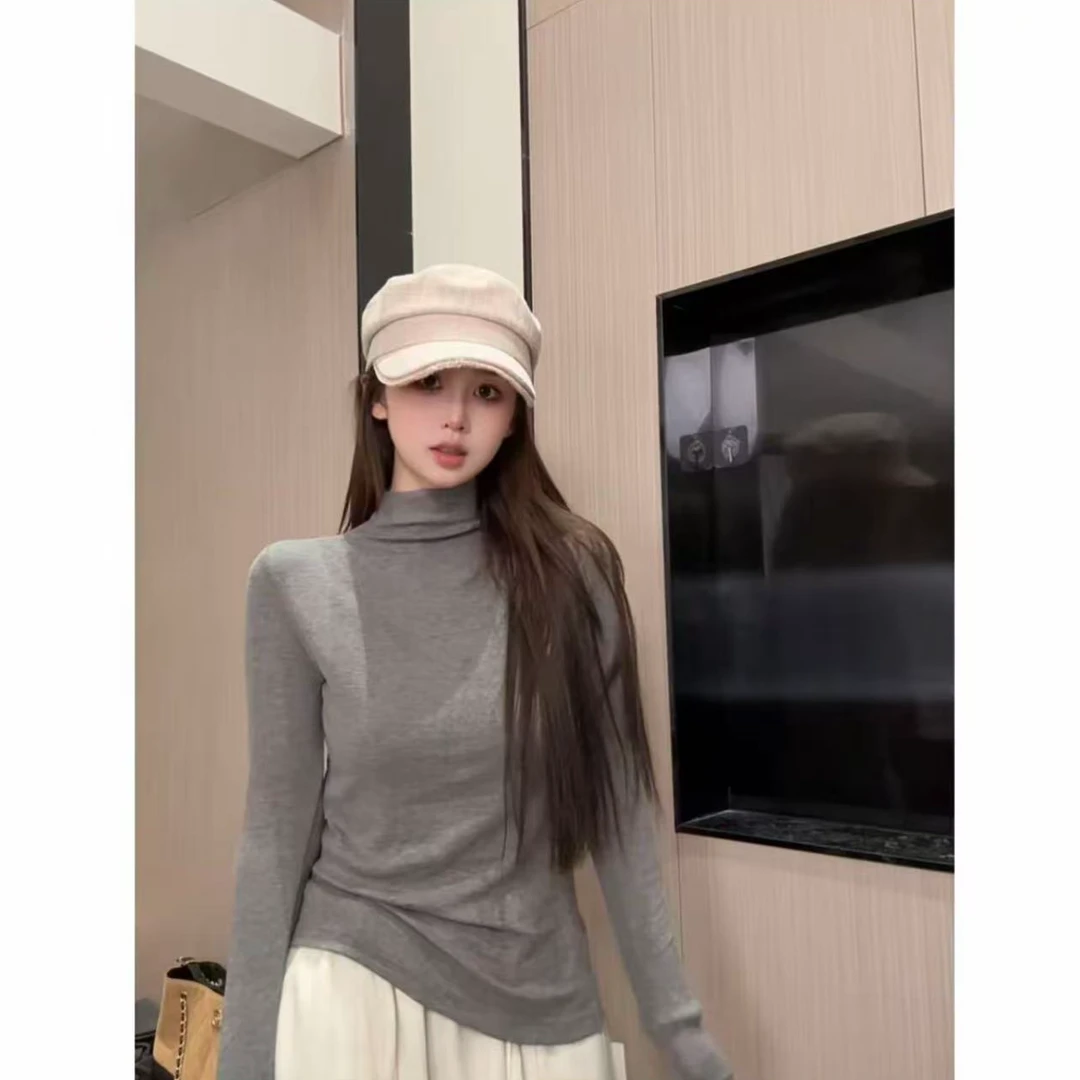 2025秋冬加绒新款辣妹半高领长袖T恤收腰显瘦褶皱修身打底衫上衣