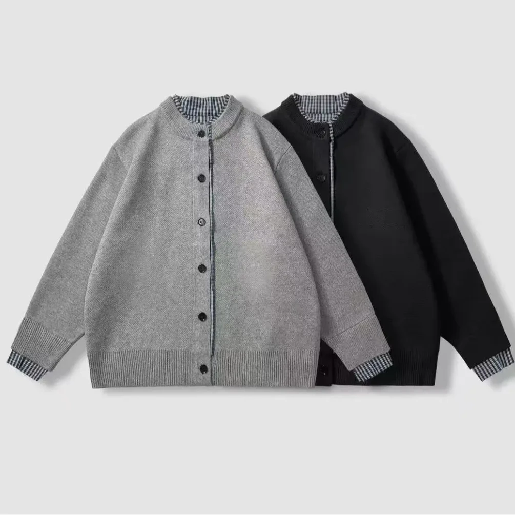 春秋新款格子假两件外套简约高级感男装休闲设计针织男女同款8632