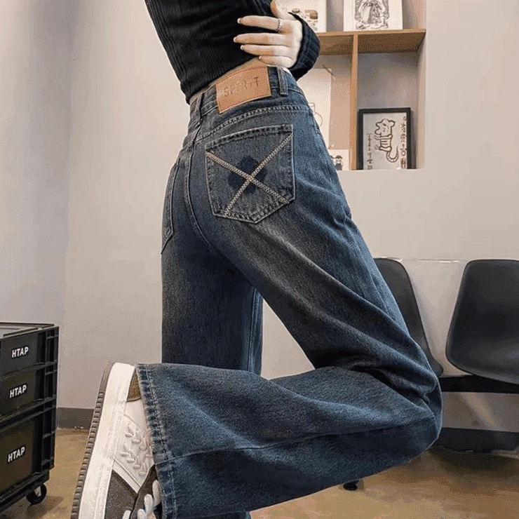 2025秋季显瘦款高腰宽松设计复古潮流阔腿爆款裤子直筒牛仔裤子女