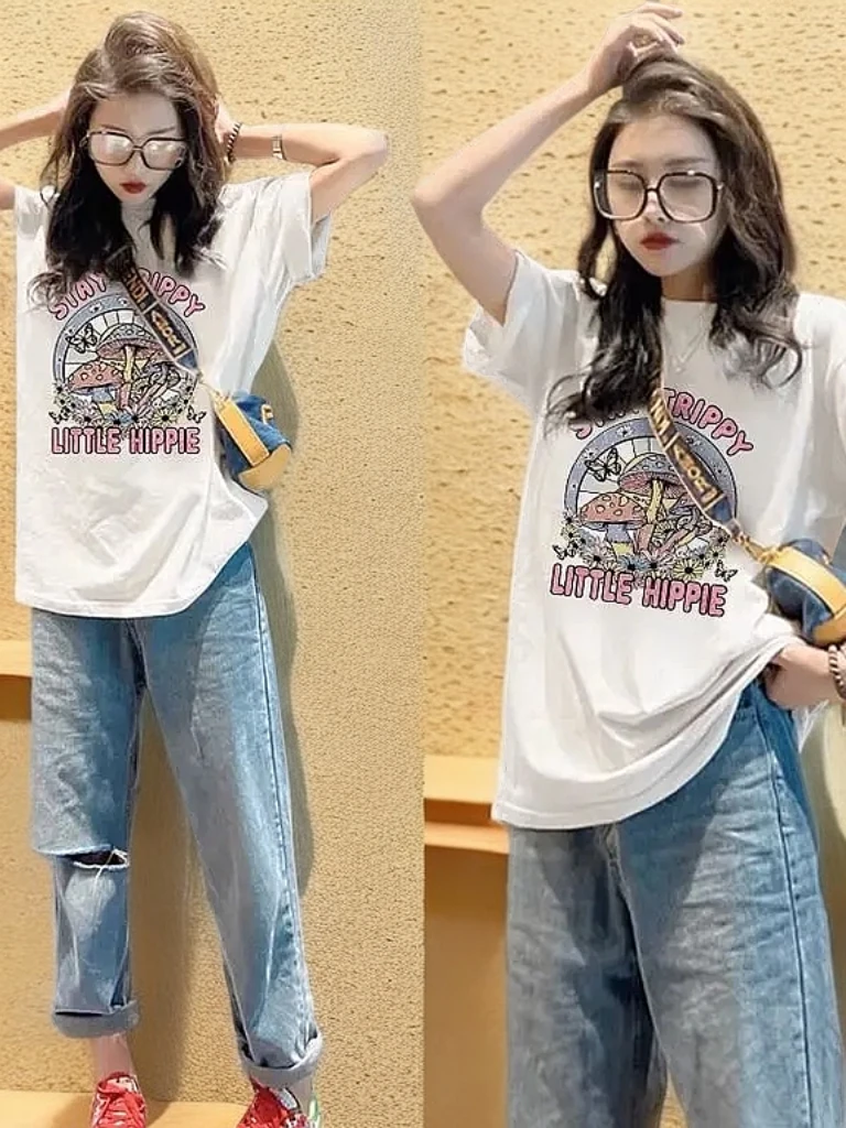 纯棉t恤杏色宽松正肩短袖女新款多巴胺穿搭设计感小众上衣夏时尚