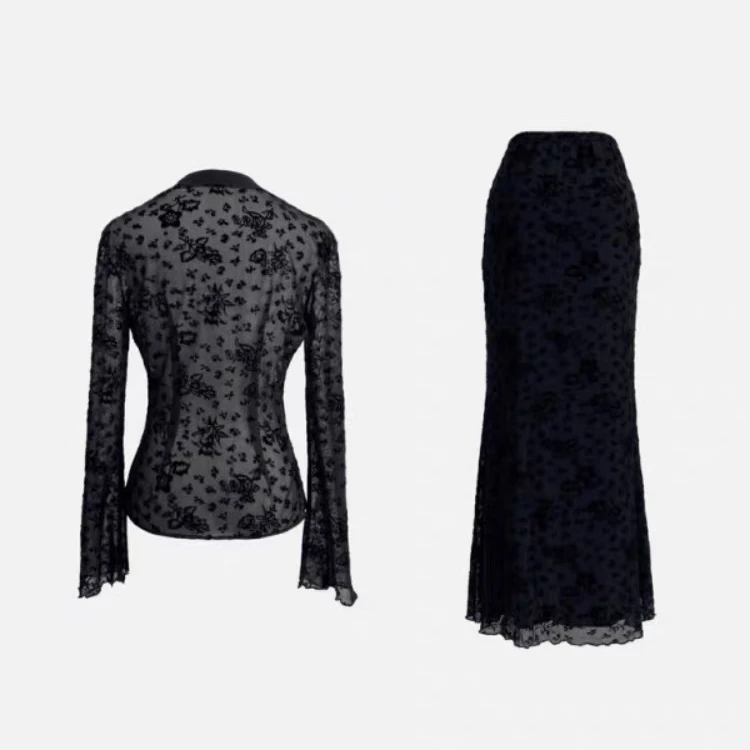 街头风针织套装黑色欧美风镂空性感时尚套装蕾丝修身半身裙