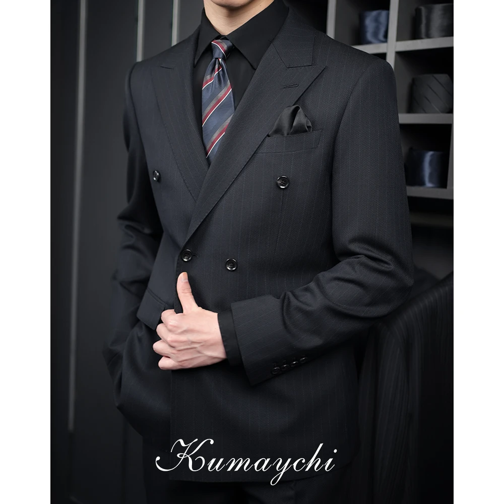 Kumaychi萨维尔黑标系列藏青人字纹全羊毛商务西装修身西服套装