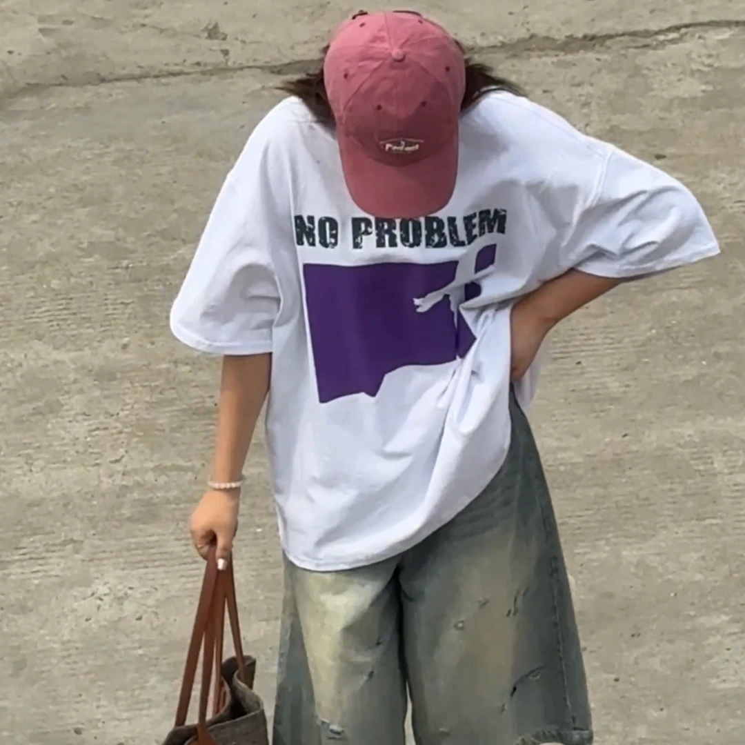 橘子罐头百搭宽松美式高街复古两色情侣印花T恤