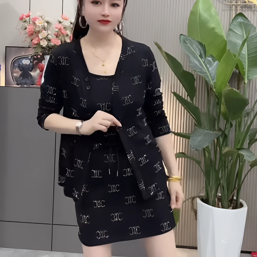 时尚套装2025新款重工亮钻长袖外搭洋气吊带背心半身裙三件套