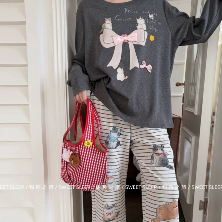 潮流ins小熊睡衣女秋长袖长裤纯棉睡衣韩版甜美家居卡通休闲套装