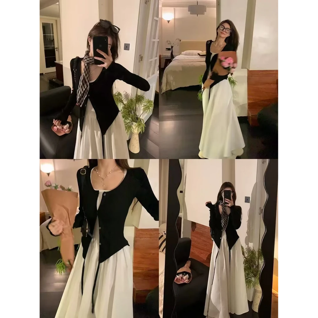 春夏搭配一整套韩系慵懒感飘带黑色开衫搭配白色吊带连衣裙两件套