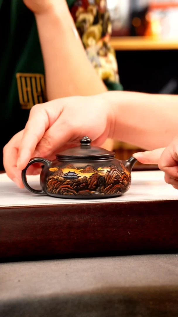 茶壶紫砂石黄 寒江 彩刻山水